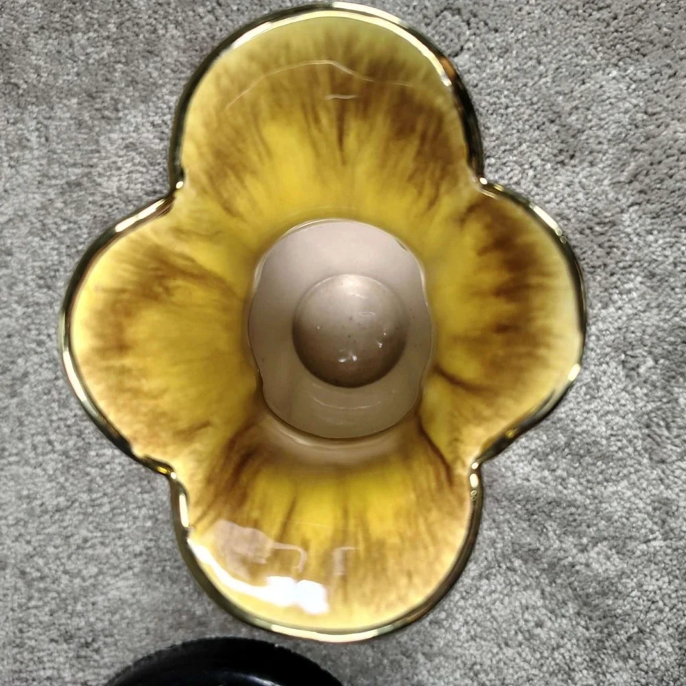 West Germany Vase Yellow Brown Drip Glaze Scalloped Gold Trim 556/21 8.25in